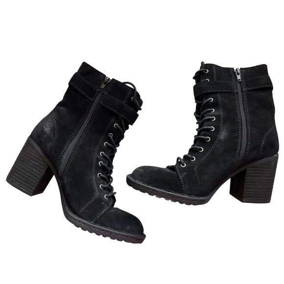 Born Cass Black Suede Combat Boots Strap Side Zipper Lace Up Size 8 - Picture 3 of 7